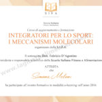 Immagine del certificato di frequenza al Corso di Aggiornamento sugli Integratori per lo sport sui meccanismi molecolari. Seguito dalla dottoressa Simona Meloni, biologa Nutrizionista a Reggio Emilia