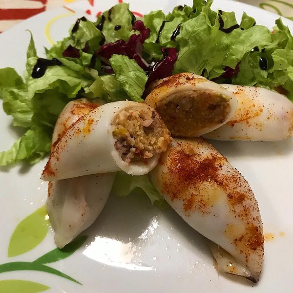 Foto della Ricetta semplice e veloce dei Calamari Ripieni con pan grattato e pomodori secchi, impiattati con della insalata