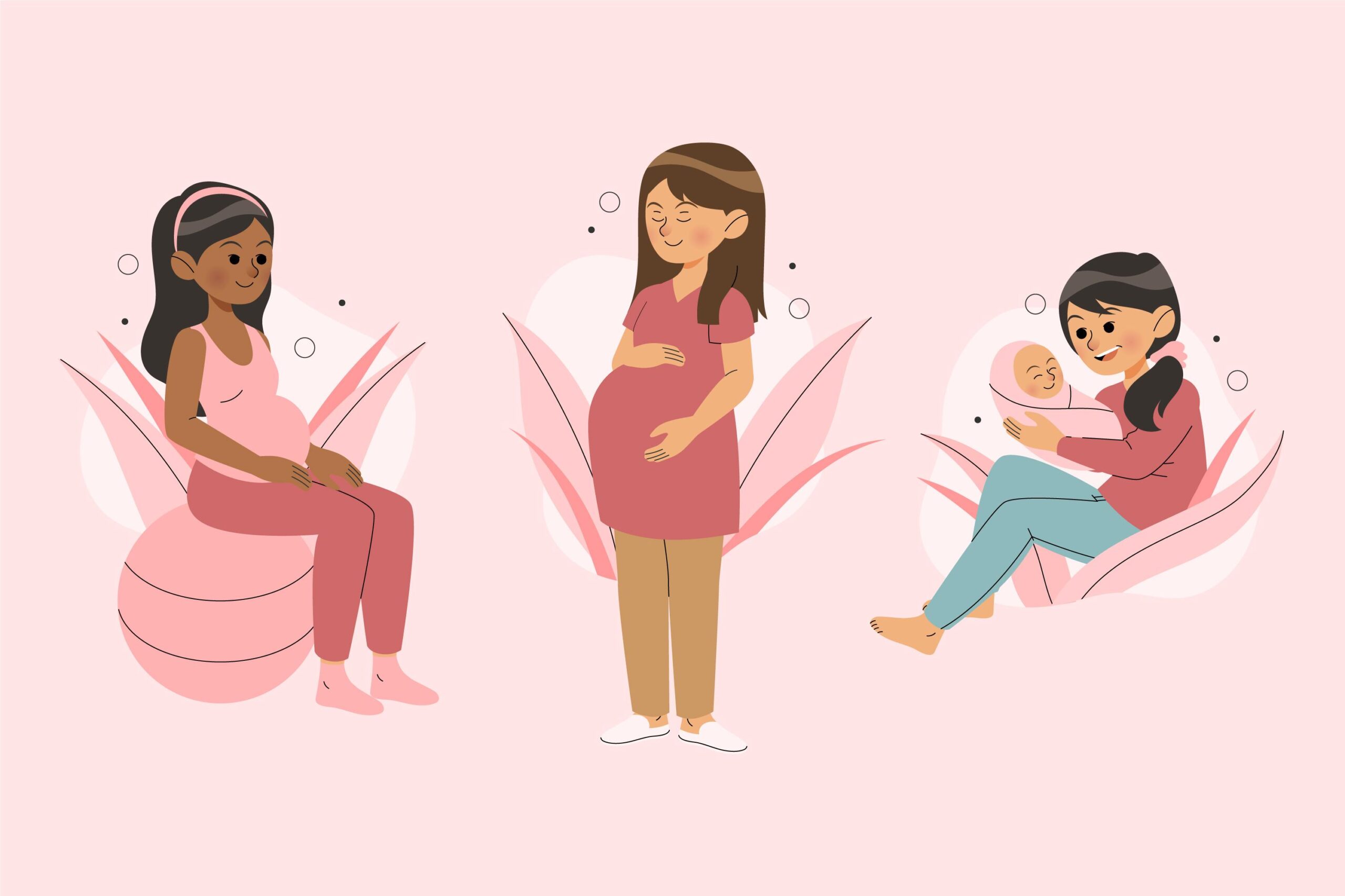 Una scena di gravidanza, una donna incinta in tre posizioni diversa