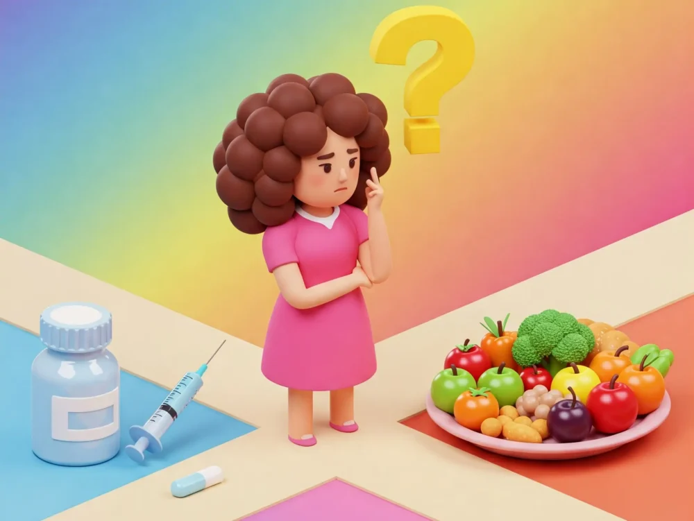 immagine di copertina dell'articolo: mostra Una donna con espressione indecisa, ma non preoccupata, di sesso femminile che deve scegliere da una parte un flacone di farmaci e dall'altra parte qualcosa che richiami la sana alimentazione.c'è un punto interrogativo e uno stile cartoon 3d con colori vivi e brillanti